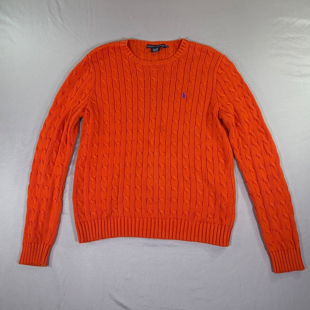 Ralph Lauren Orange Cable Knit Sweater Womens XL Preppy Old Money Academia Fall